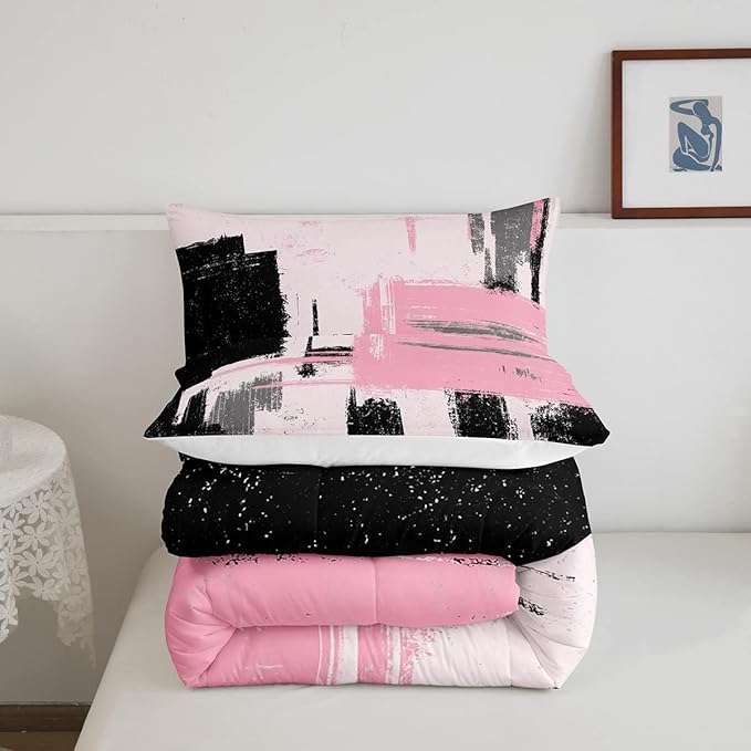 Feelyou Abstract Comforter Modern Abstract Art Comforter Set for Boys Girls Children Pink Black Pattern Bedding Set Room Decor Toddler Size Duvet Set 2Pcs