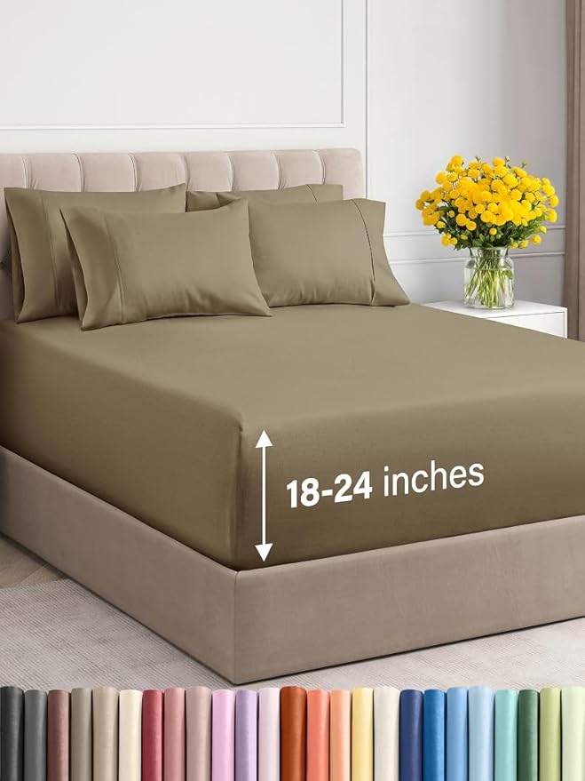 Extra Deep Full Sheet Set - 6 Piece Breathable and Cooling Sheets - Hotel Luxury Bed Sheets Set - Easy & Secure Fit - Soft, Wrinkle Free and Comfy Sheets Set - Khaki Sheet Set with Extra Deep Pockets
