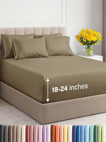 Extra Deep King Sheet Set - 6 Piece Breathable and Cooling Sheets - Hotel Luxury Bed Sheets Set - Easy & Secure Fit - Soft, Wrinkle Free and Comfy Sheets Set - Khaki Sheet Set with Extra Deep Pockets