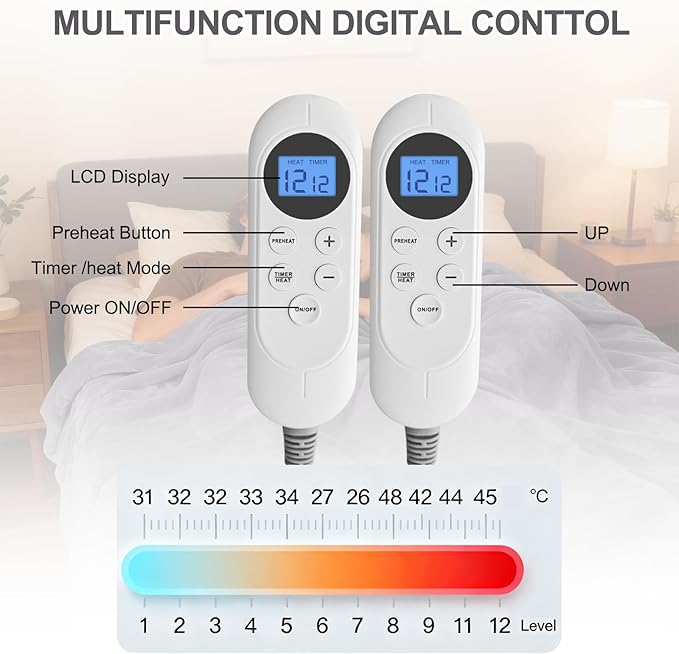 Heated Blanket Electric Blanket King 90"x100" Dual Control Flannel Heating Blanket with 12 Heat Levels 12H Timer Auto Shut-Off Overheat Protection Soft & Cozy Machine Washable (King Size (90"x100"))