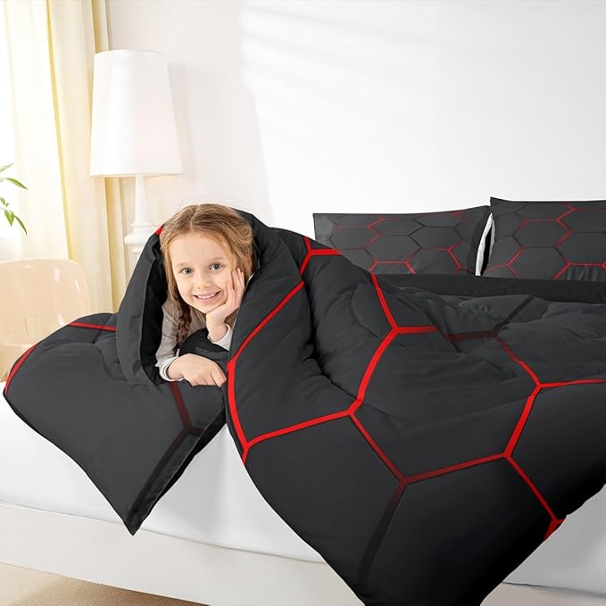 Feelyou Honeycomb Bedding Set Honeycomb Modern Hexagon Theme Comforter Set for Kids Boys Children Geometrical Comforter Ultra Soft Beehive Black Red Decor Duvet Set Queen Size