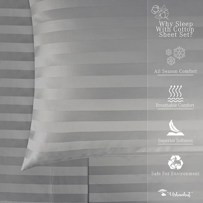 URBANHUT 1000 Thread Count Egyptian Cotton Sheets Damask Striped Full Size, Long Staple Soft & Breathable, 4 Pc Bed Sheet Sets, Luxury Hotel Sateen Sheets Fits 16" Deep Pocket - Dark Grey