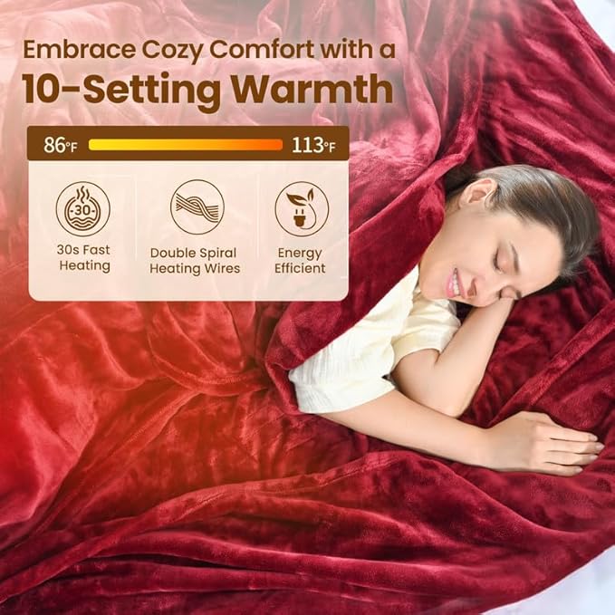 Bearhug Heated Electric Blanket - Flannel Electric Throw Heating Blanket with 6 Heat Settings Full Size 77×84 inches Red - Velvet,0.5-12H Auto Off, Over-Heat Protect, ETL, Machine Washable