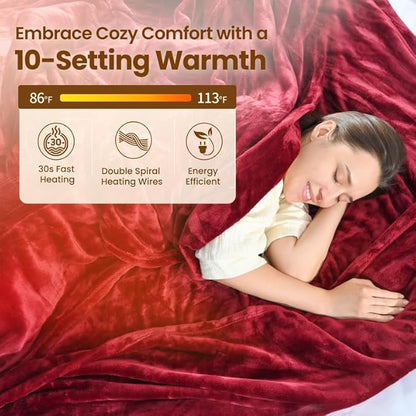 Bearhug Heated Electric Blanket - Flannel Electric Throw Heating Blanket with 6 Heat Settings Full Size 77×84 inches Red - Velvet,0.5-12H Auto Off, Over-Heat Protect, ETL, Machine Washable