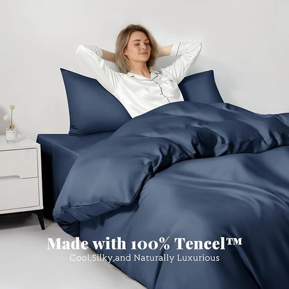 Tencel Duvet Cover Set, Twin/TwinXL Size Cooling Duvet Cover for Hot Sleepers, 100% Eucalyptus Lyocell, 2 Pieces, 1 Zipper Closure Duvet Cover (70" x 90") and 1 Pillowcases (20" x 30") - Navy