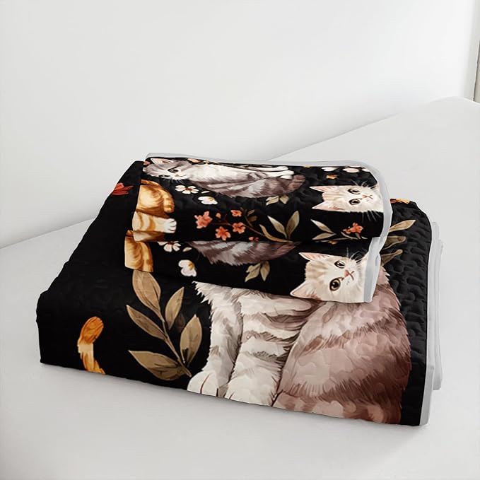 Kawaii Cat Quilt Set,Orange Grey Cat Pattern Bed Set for Toddler Kids Girls Room Decor,Colorful Flowers Printed Bedding King Quilted Sets with 2 Pillowcases.