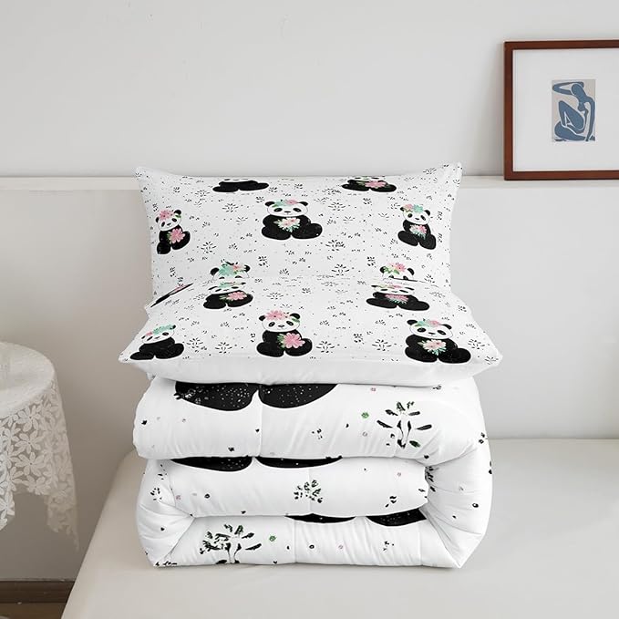 Cartoon Panda Comforter Set Twin Size Watercolor Flower Bedding Set Kids Boys Girls Cute Tropical Animal All Season Quilt Set Black White Bedding Comforter Sets,2Pcs