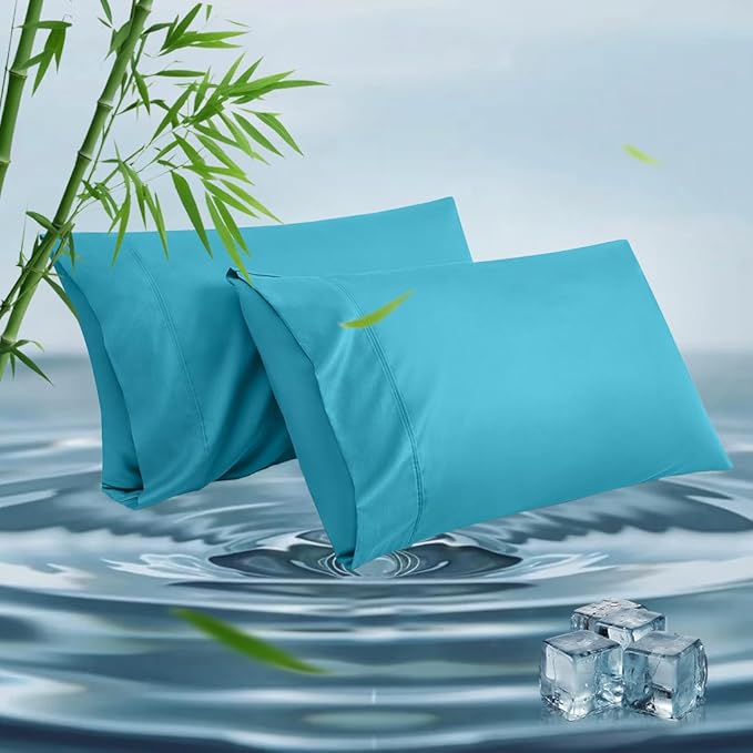 Queen Pillowcases, Cooling Viscose from Bamboo Pillow Covers with Envelope Closure, Soft Moisture-Wicking for Hot Sleepers, Hair and Skin-Friendly, Blue, 2 Pack