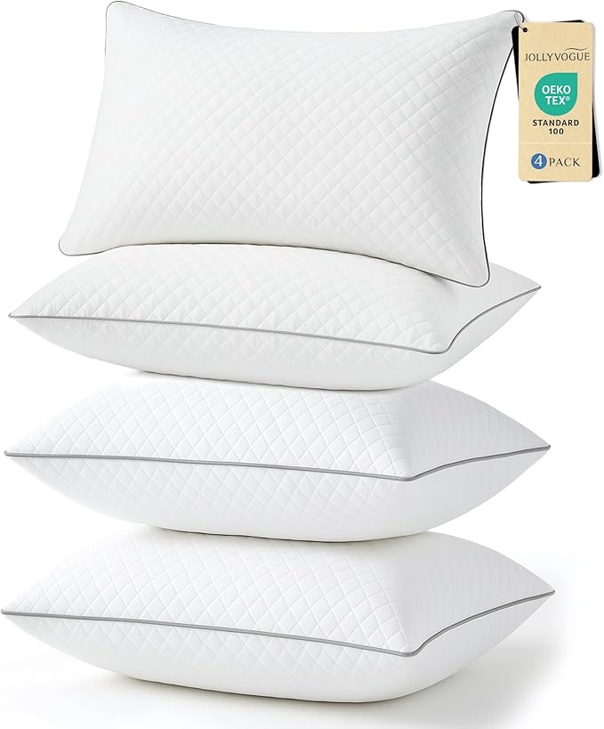 JOLLYVOGUE Pillows Standard Size Set of 4, Oeko-Tex Certified Bed Pillows for Side, Back, and Stomach Sleepers - Medium Support Down Alternative Filling, Machine-Washable