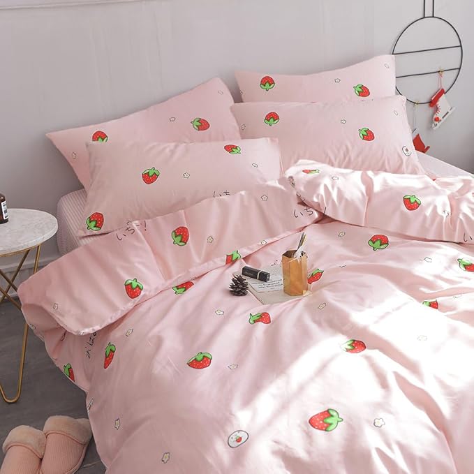 AOJIM Pink Kids Duvet Cover Set Cute Style, Pure Cotton Anime Bedding Comforter Cover Set 3pcs with Zipper Closure, 1 Super Soft Strawberry Duvet Cover and 2 Pillowcases for Room Decor, Twin XL Size