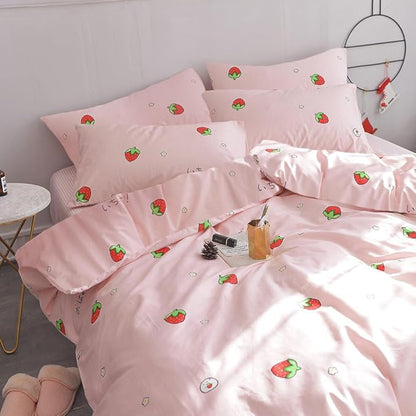 AOJIM Pink Kids Duvet Cover Set Cute Style, Pure Cotton Anime Bedding Comforter Cover Set 3pcs with Zipper Closure, 1 Super Soft Strawberry Duvet Cover and 2 Pillowcases for Room Decor, Twin XL Size