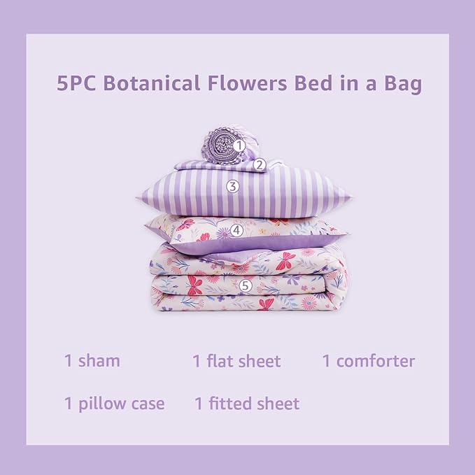 Twin XL Comforter Set for Girls, Butterfly Botanical Flowers Bedding Set, All Season Kids Bed in a Bag Dorm 5 Pieces with Sheets, Pillowcase & Sham