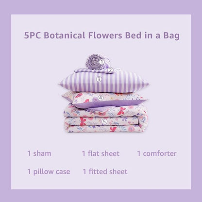 Twin XL Comforter Set for Girls, Butterfly Botanical Flowers Bedding Set, All Season Kids Bed in a Bag Dorm 5 Pieces with Sheets, Pillowcase & Sham