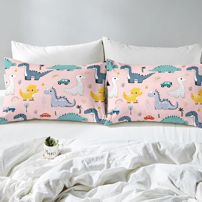Cute Dino Kids Bedding Set King Size for Teens,Cartoon Cars Dinosaur Rainbow Print Comforter Cover with 2 Pillowcases,Kawaii Animal Vehicle Drawn Pink Duvet Cover Set Microfiber Quilt Cover