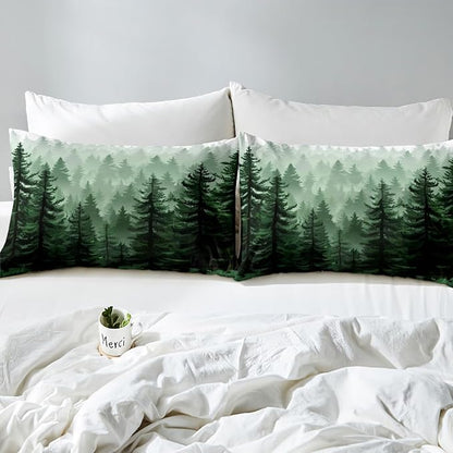 Feelyou Fog Forest Comforter Botanical Pine Trees Comforter Set for Boys Girls Children Watercolor Style Green Comforter Set Room Decor Twin Size Duvet Set 2Pcs