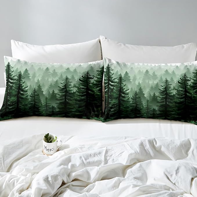 Feelyou Fog Forest Comforter Botanical Pine Trees Comforter Set for Boys Girls Watercolor Green Bedding Set Room Decor King Size Bedspread Cover 3Pcs Boys