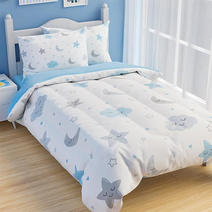 Star and Moon Comforter Set Full Size 98x86in for Kids Boys Girls Unisex, Microfiber Bedding Set 4 Pcs Includes 1 Comforter, 2 Pillowcases, 1 Fitted Sheet, Nursery Room Decor Christmas Birthday