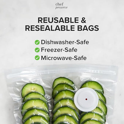 Chef Preserve Reusable Vacuum Sealer Bags for Food – 30 BPA-Free Small (8 x 10 in) Food Storage Bags, Freezer, Microwave – Odor-Resistant, Leak-Proof – Compatible with Chef Preserve Vacuum Sealers