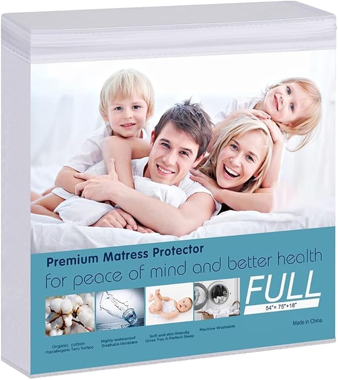 Waterproof Mattress Protector, Full Size Terry Cotton Mattress Pad Cover Breathable Deep Pocket Fitted Sheet Style 54"x75" +18 Inch Pocket