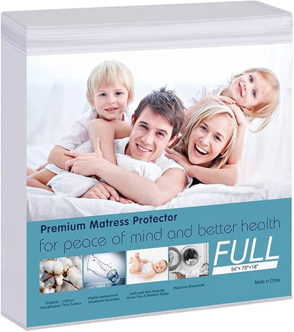 Waterproof Mattress Protector, Full Size Terry Cotton Mattress Pad Cover Breathable Deep Pocket Fitted Sheet Style 54"x75" +18 Inch Pocket