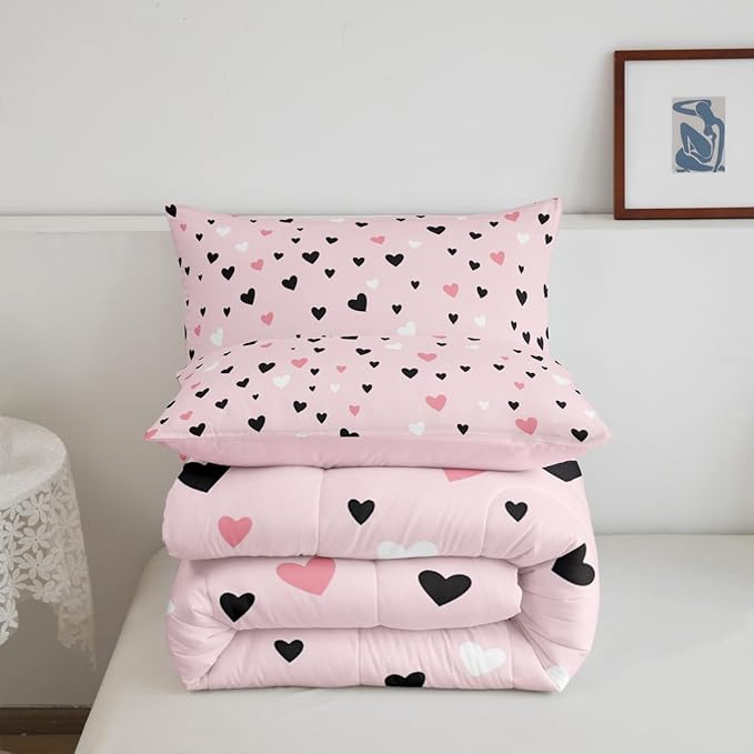 Feelyou Heart Bedding Set Full Size Love Comforter Set for Kids Boys Girls Decor Kawaii Comforter Microfiber Pink Duvet Set