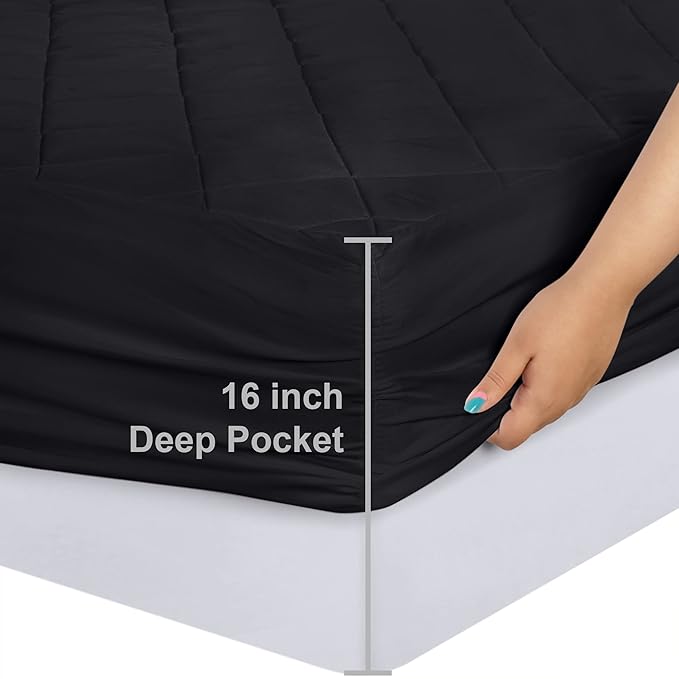 Utopia Bedding Quilted Fitted Mattress Pad, Queen Size, Elastic Fitted Mattress Topper Protector and Cover with Deep Pocket Stretches up to 16 Inches, Machine Washable (Black)