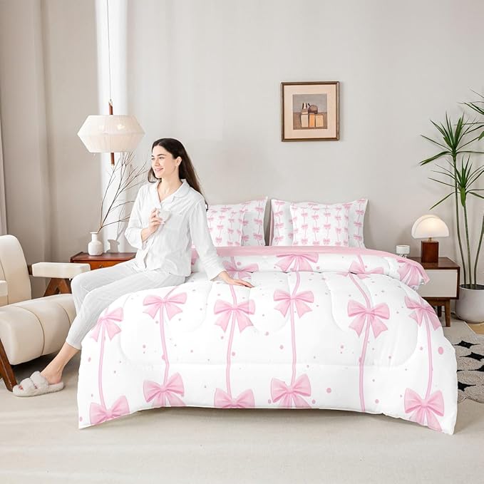Feelyou Pink Bow 7 Piece Bedding Set Pretty Bowknot Comforter Set with Sheets for Kids Boys Girls Pink White Bed in a Bag Cute Wave Dot Bed Set Soft Lightweight