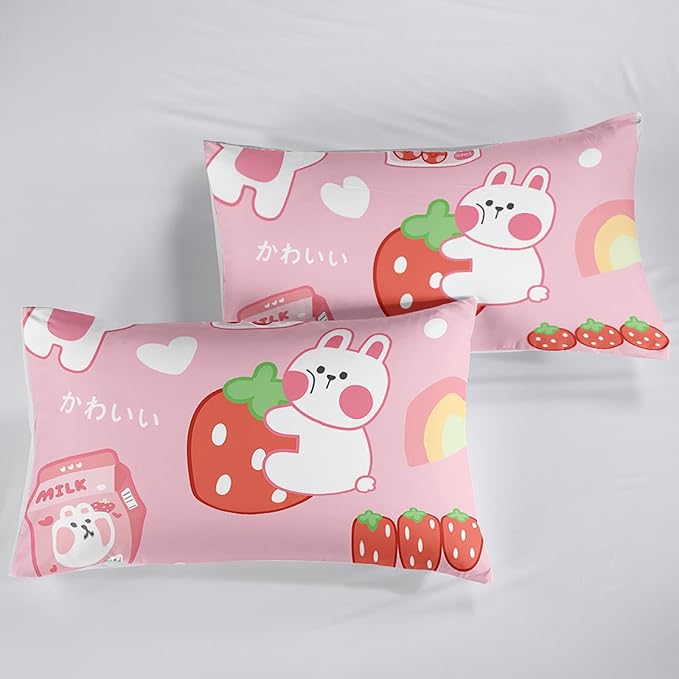 QOOMO Strawberry Rabbit Comforter Set for Kids Teens Girls Women,Pink Bunny Kids Comforter,1 Comforter with 2 Pillowcase, Microfiber 3 Piece Bedding Set,for All Seasons(Pink，King Size)