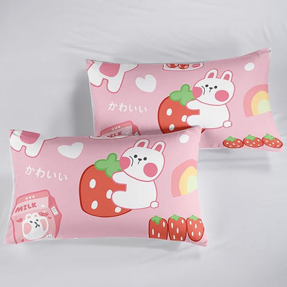 QOOMO Strawberry Rabbit Comforter Set for Kids Teens Girls Women,Pink Bunny Kids Comforter,1 Comforter with 2 Pillowcase, Microfiber 3 Piece Bedding Set,for All Seasons(Pink，King Size)