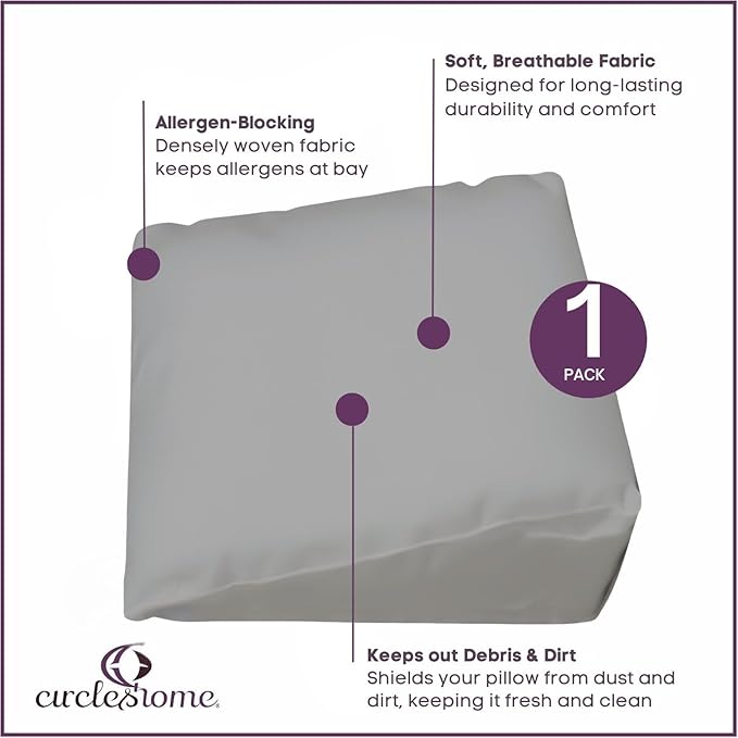 CirclesHome Wedge Pillow Cover 100% Cotton, Zippered Wedge Pillow Case Protector, Soft, Hypoallergenic & Breathable -, Light Grey, (25Wx26Lx7.5)