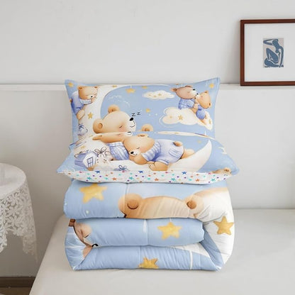 Sleeping Animal Bear Comforter Set Twin Size for Kids Cartoon Childlike Style Bedding Sets All Season Star Moon Clouds Quilt Set Bedroom Decor Watercolor Balloons Down Comforter,2Pcs