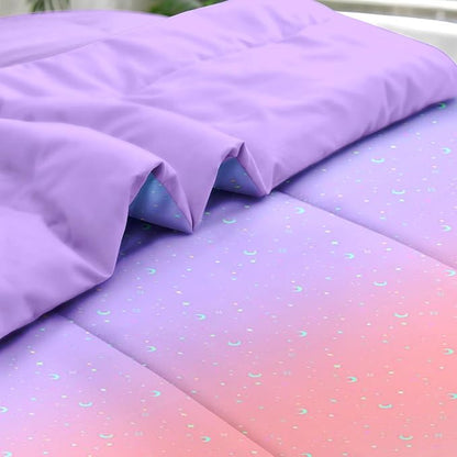 Comforter Set Twin Size, Colorful Rainbow Star Moon 5 Pcs Bedding for Kids and Adults, Purple Pink Blue Gradient Bed Sheet Sets with Fitted Sheet Pillowcase & Sham for Bedroom Bed Decor