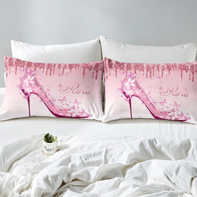 Girls Pink Duvet Cover Twin Size,Flowers Butterfly High Heels Bedding Set for Woman Couple Bedroom Decor,Fantasy Glitter Comforter Cover Romantic Paris Quilt Cover,1 Pillowcase,Valentine Day Gifts