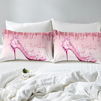 Feminine Pink Bedding Set Full Size,Paris Romantic Flowers Butterfly High Heels Duvet Cover for Girls Kids Woman Room Decor,Fantasy Glitter Comforter Cover Valentine Day Quilt Cover,2 Pillowcases