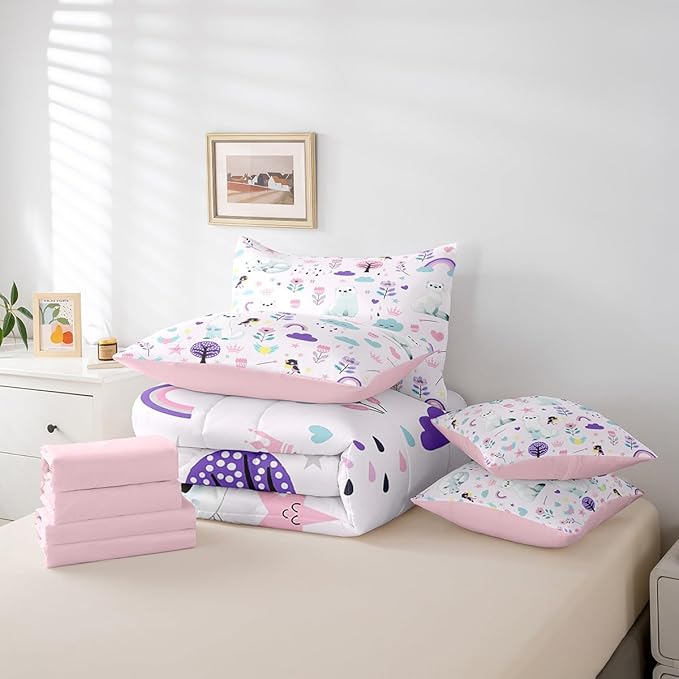 Erosebridal Queen Comforter Set for Kids,7 Pieces Floral Ferret Bedding Sets Queen Bed in a Bag,Reversible Cartoon Zoo Animal Bed Set,Cute Flower Comforter, Sheets, Pillowcases and Cushion Cases