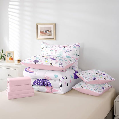 Erosebridal Twin Comforter Set for Kids,7 Pieces Floral Ferret Bedding Sets Twin Bed in a Bag,Reversible Cartoon Zoo Animal Bed Set,Cute Flower Comforter, Sheets, Pillowcases and Cushion Cases