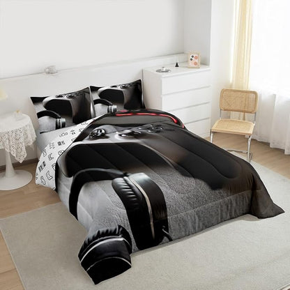 Feelyou Gaming Bedding Set Boys Game Controller Comforter for Kids Girls Teens Modern Gamer Headset Comforter Set Youth Gaming Console Video Game Decor Duvet Set with 2 Pillow Case Full Size Black