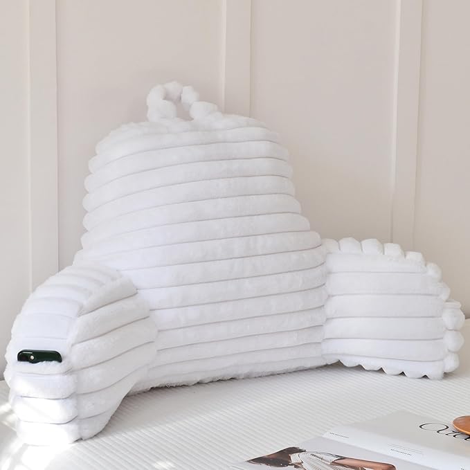 Yaoshuho Large Reading Pillow for Adults, Back Support Pillow for Sitting Up in Bed with Arms, Couch for Lounging Bedrest, White