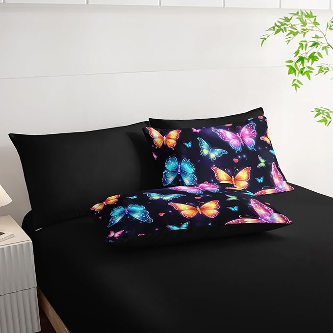 Colorful Gradient Butterfly Comforter 7Pcs Tie-Dye Heart Print Bedding Set for Kid Teen Girl Boy Adult Sparkling Aesthetics Quilt Bed Set Twin with 2 Sheets,2 Pillowcases,2 Throw Pillow Covers