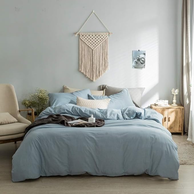 Light Blue Duvet Cover King, 100% Washed Cotton Linen Like Textured Solid Casual Modern Style Light Blue Bedding Set, with Zipper Closure, Luxury Soft Relaxed Feel Natural Wrinkled Comfy (3pcs, King)