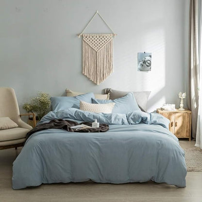 Light Blue Duvet Cover Queen, 100% Washed Cotton Linen Like Textured Solid Casual Modern Style Blue Bedding Set, with Zipper Closure, Luxury Soft Relaxed Feel Natural Wrinkled Comfy (3pcs, Queen)