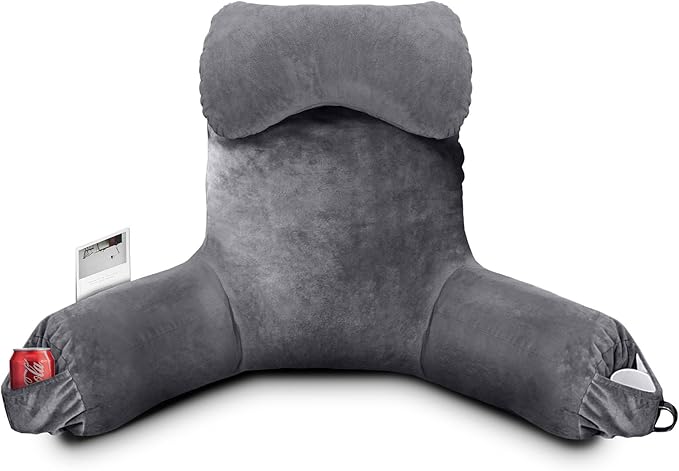 Reading Pillow for Sitting in Bed Adult, Bed Pillow with Shredded Memory Foam, 25''H Pillow with Detachable Neck Roll, Washable Cover, Back Pillow Sitting Up with Extend Arms, Gery