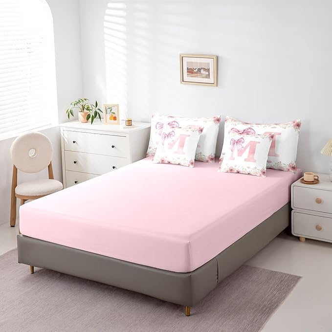 Erosebridal Dreamy Princess Bowknot Twin Bedding Sets, Pink Initial Letter M Comforter Cute Kawaii Letter Bow Bed in A Bag for Girls Kids Young Woman Romantic Flower Floral Bowknot Comforter Set