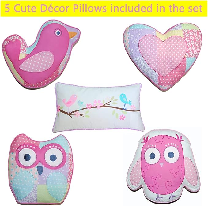 Cozy Line Home Fashions Pink Owl All Season Lightweight 100% Cotton Quilt Set with 5 Decorative Pillows-Coverlet Bedding Bedspread for Kids Toddler Girls Bedroom Decor (Owl, Twin - 7 Piece)