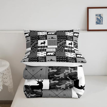 Feelyou Cute Deer Comforter Set Wild Deer Hunting Decor Comforter Soft Quilt for Kids Boys Antlers Wild Animal Natural Bedding Set,Black Grey with 1 Pillowcase 2Pcs Bedding Twin Boys