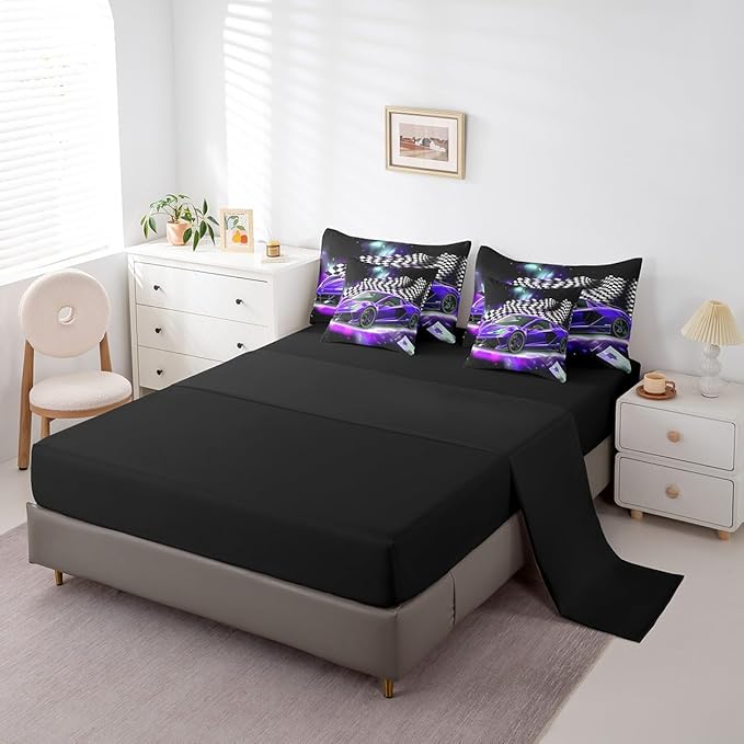 Feelyou Purple Racing Car 7 Piece Bedding Set Queen Size Extreme Sport Comforter Set with Sheets for Kids Boys Girls Teens Toddler Fast and Furious Bed in a Bag Black White Flag Bed Set