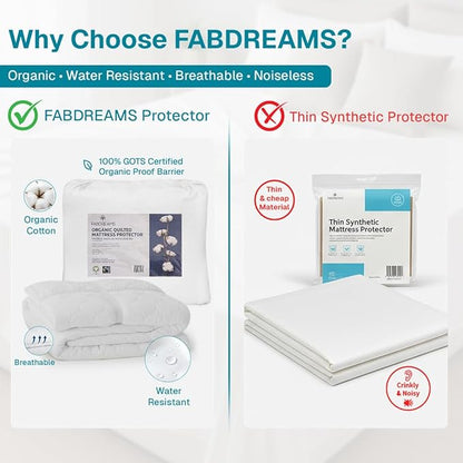 FABDREAMS Organic Quilted Mattress Protector Twin Size | Mattress Pad| Mattress Cover| Naturally Breathable | Noiseless| Fits up to 17" Deep Pockets| Temperature Regulating | Twin | White