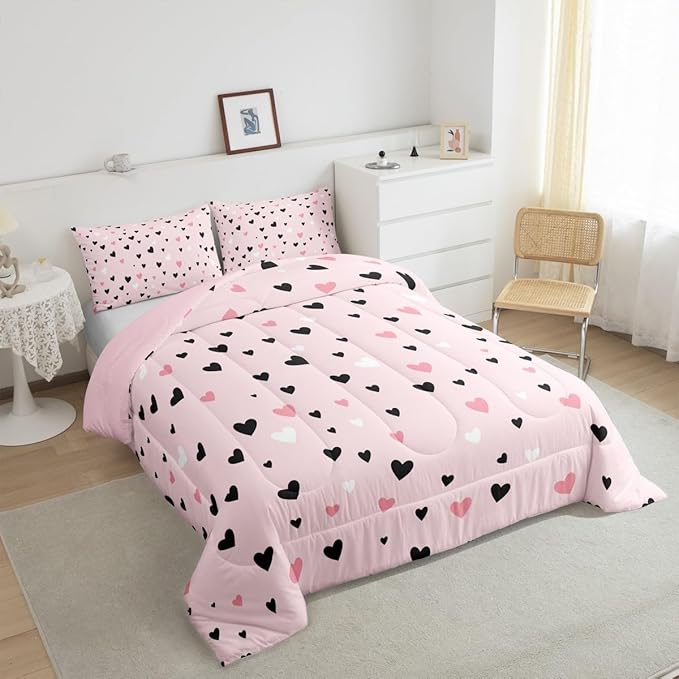 Feelyou Heart Bedding Set Full Size Love Comforter Set for Kids Boys Girls Decor Kawaii Comforter Microfiber Pink Duvet Set