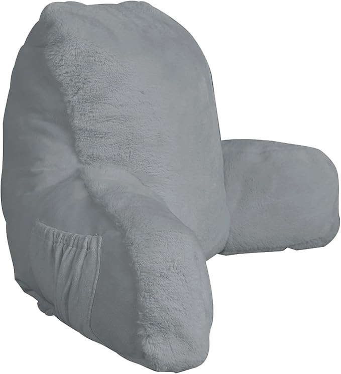 Home Soft Things Fox Faux Fur Bedrest Reading Pillow with Handle and Side Pocket, Backrest Armrest Pillow Back Support for Sitting up in Bed, 20" x 18" x 17", Cloudburst