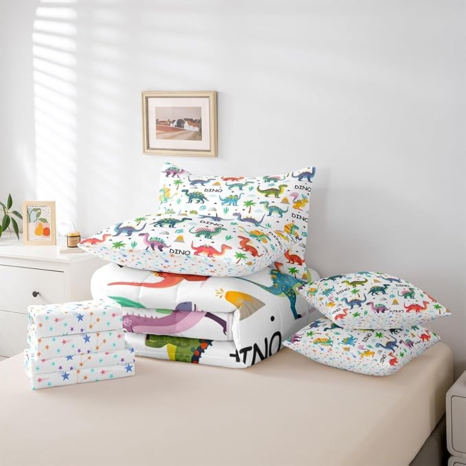 Feelyou Kids Cartoon Dinosaur 7 Piece Bedding Set Colorful Dinosaur Comforter Set with Sheets for Boys Girls Jungle Dino Bed in a Bag Animal Theme Bed Set Soft Lightweight